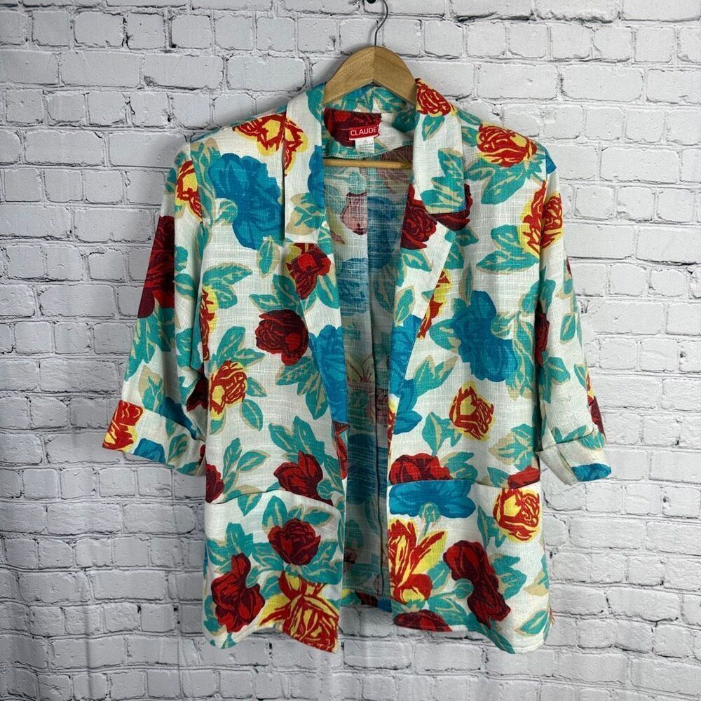 Vintage Linen Floral Blazer Union Made in the USA Size Large 11/12